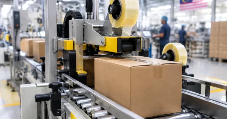 Automated carton sealing machine applying adhesive tape on a conveyor line