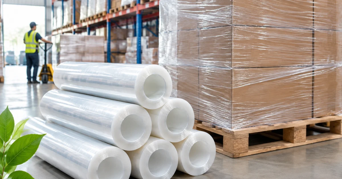 Coreless stretch film rolls in a warehouse near a pallet ready for wrapping