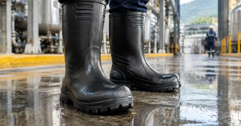 Rubber safety boots on a wet industrial floor
