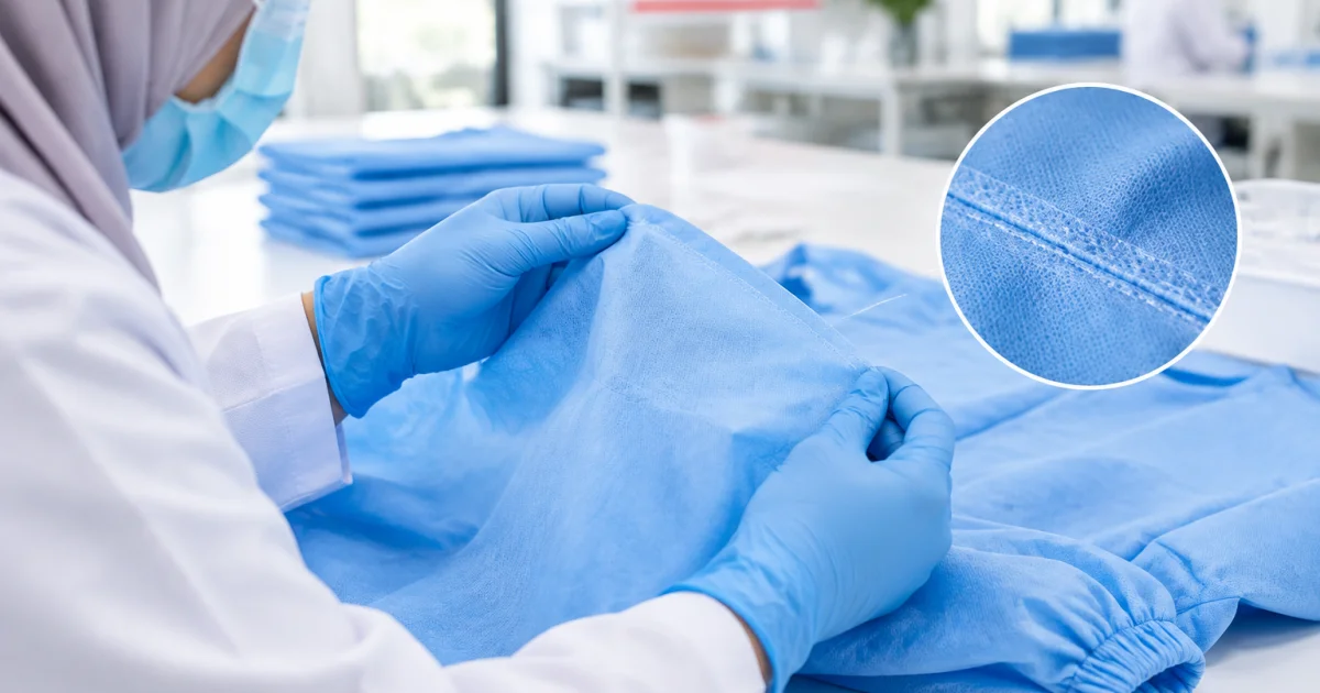 Gloved hands inspecting non-woven isolation gown fabric and seam quality
