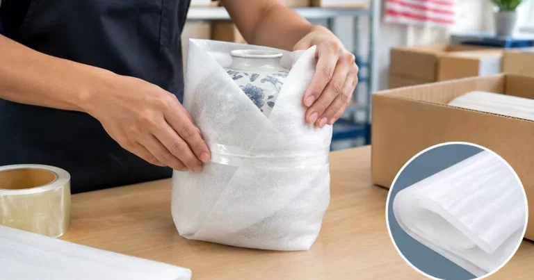 Hands wrapping a product with PE foam at a packing station