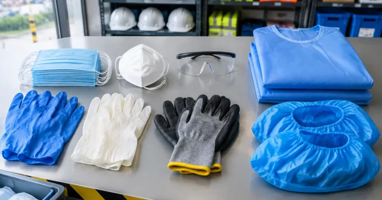 Assorted PPE items arranged for industrial procurement and stock control