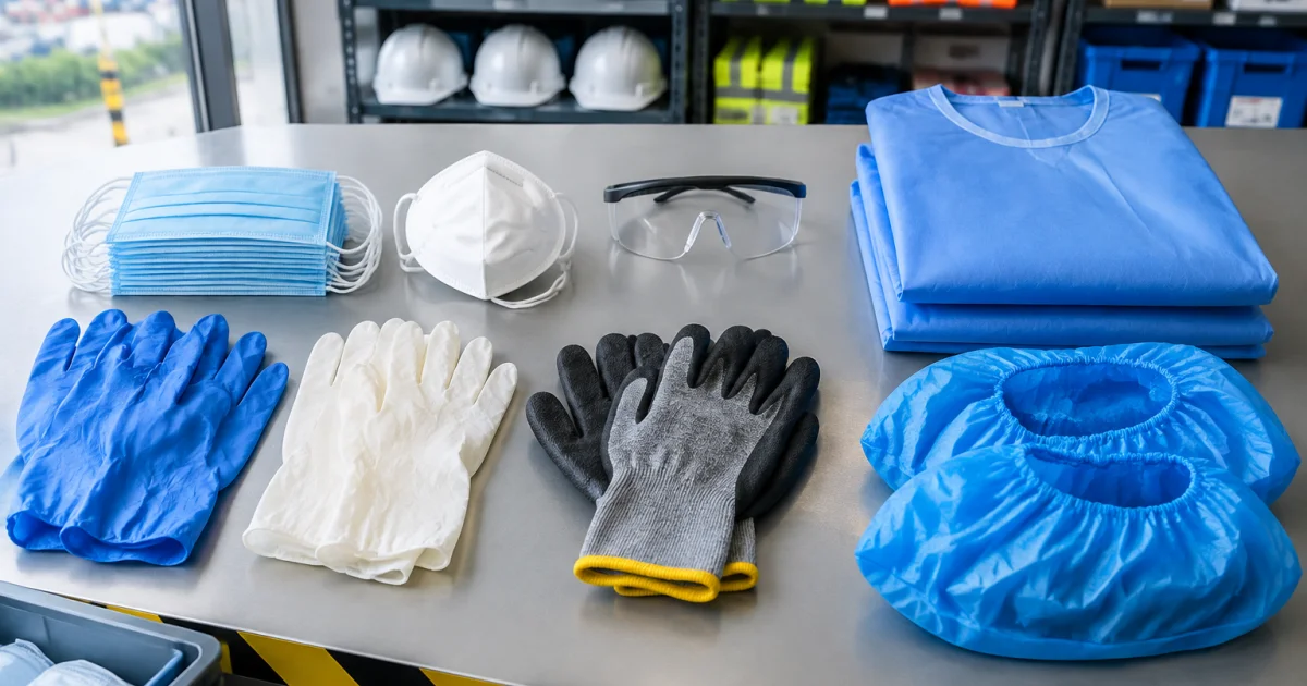 Assorted PPE items arranged for industrial procurement and stock control