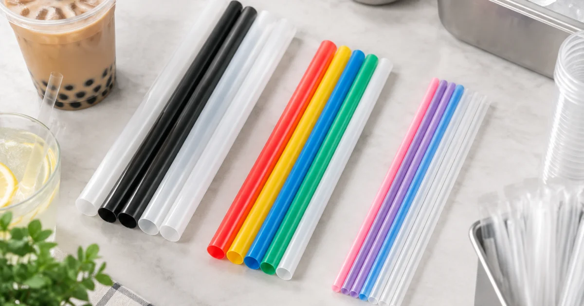 PP straws arranged by size on a clean countertop for specification comparison