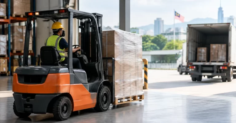 Forklift moving a stretch-wrapped pallet at a warehouse loading bay