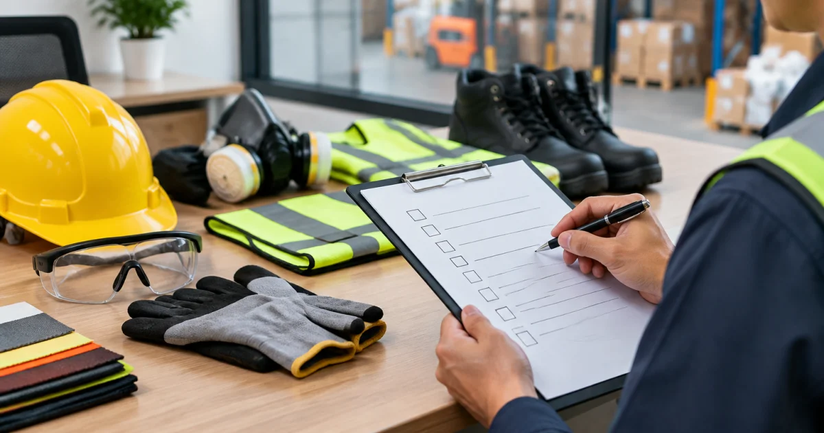 Procurement evaluation checklist beside PPE samples for supplier qualification