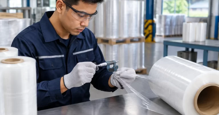 Technician measuring stretch film thickness for quality control
