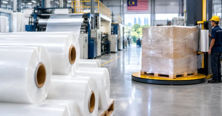 Stretch film jumbo rolls and pallet wrapping station in a warehouse