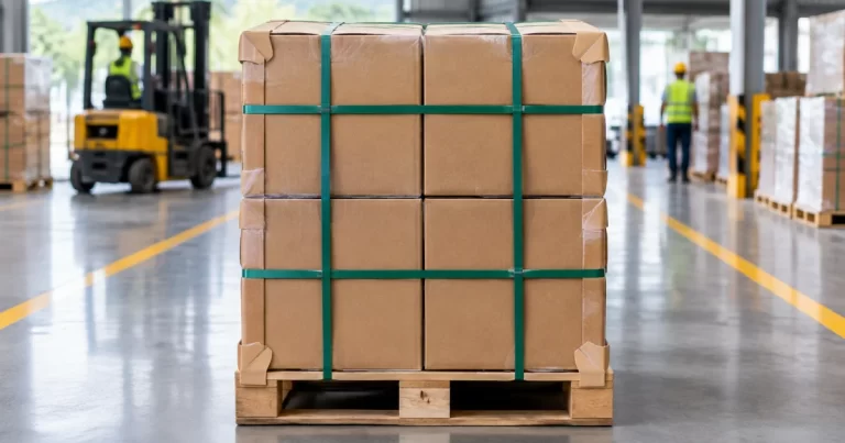 Strapped pallet of cartons staged in a warehouse for transport