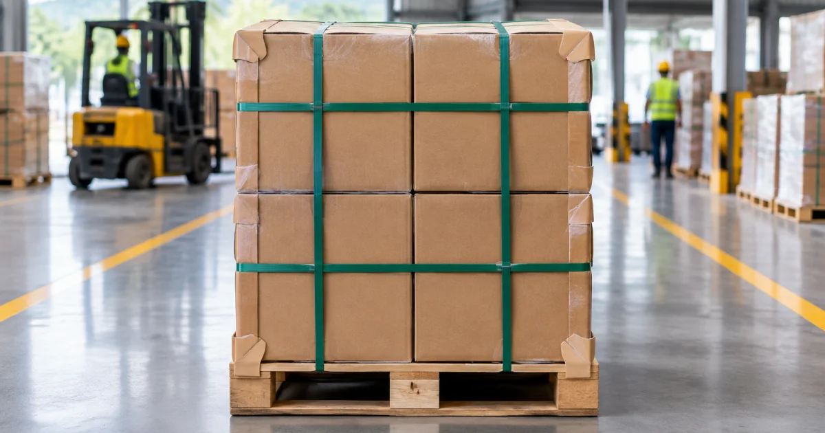 Strapped pallet of cartons staged in a warehouse for transport